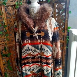 BB Dakota Ethnic Print Toggle Closure Coat with Faux Fur Hood, Women's L.